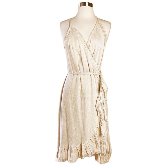 Resort Midi Wrap Dress by T. ZOVICH Linen Sleeveless Beige Raw Hem Ecofriendly - Picture 2 of 16
